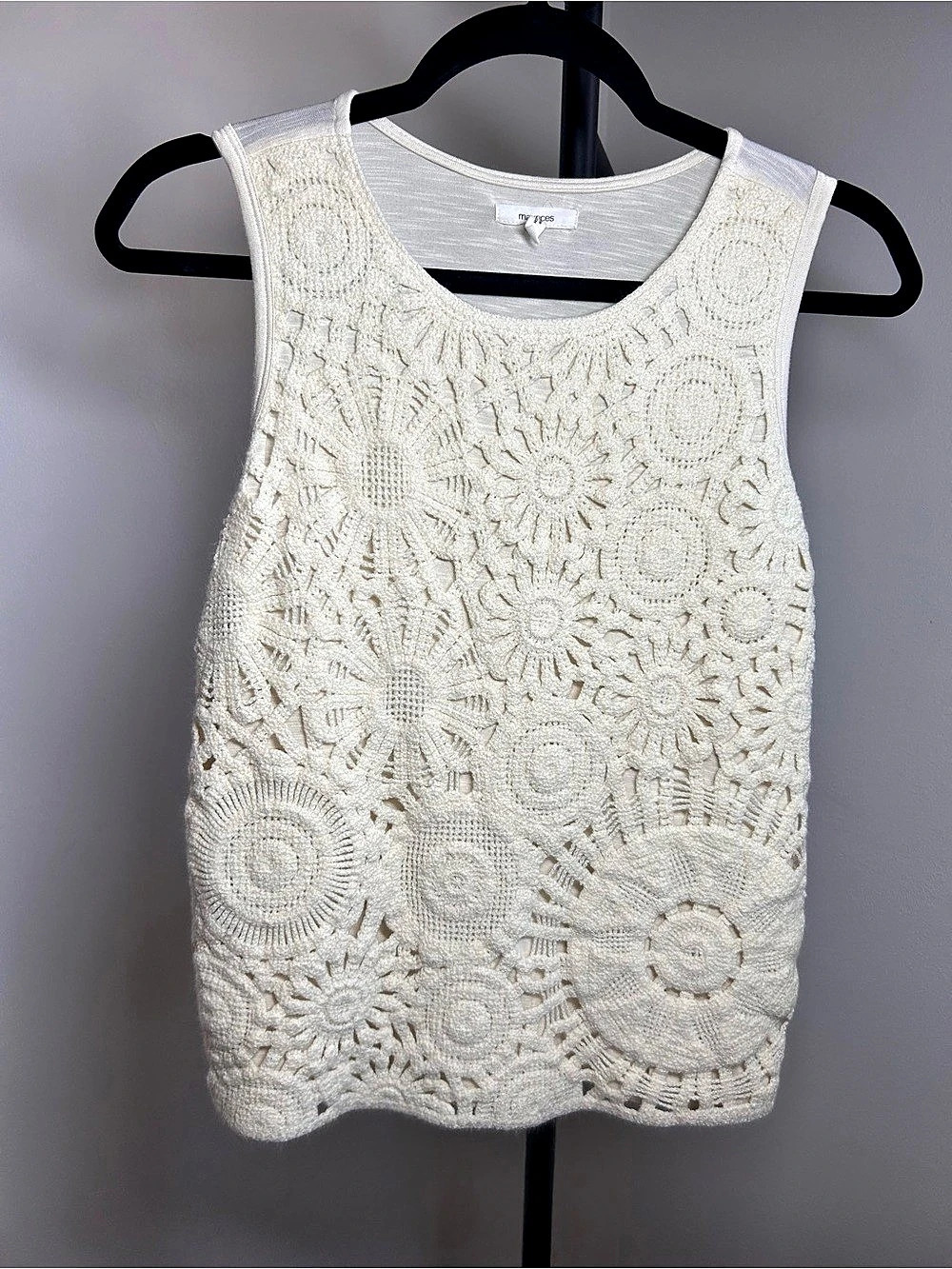 Maurices Cream Crochet Front, Festival Tank Top, intricate bohemian sunflower M